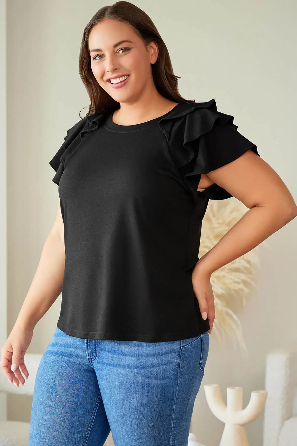 Black Solid Color Ruffle Tiered Sleeve Plus Size Tee-2