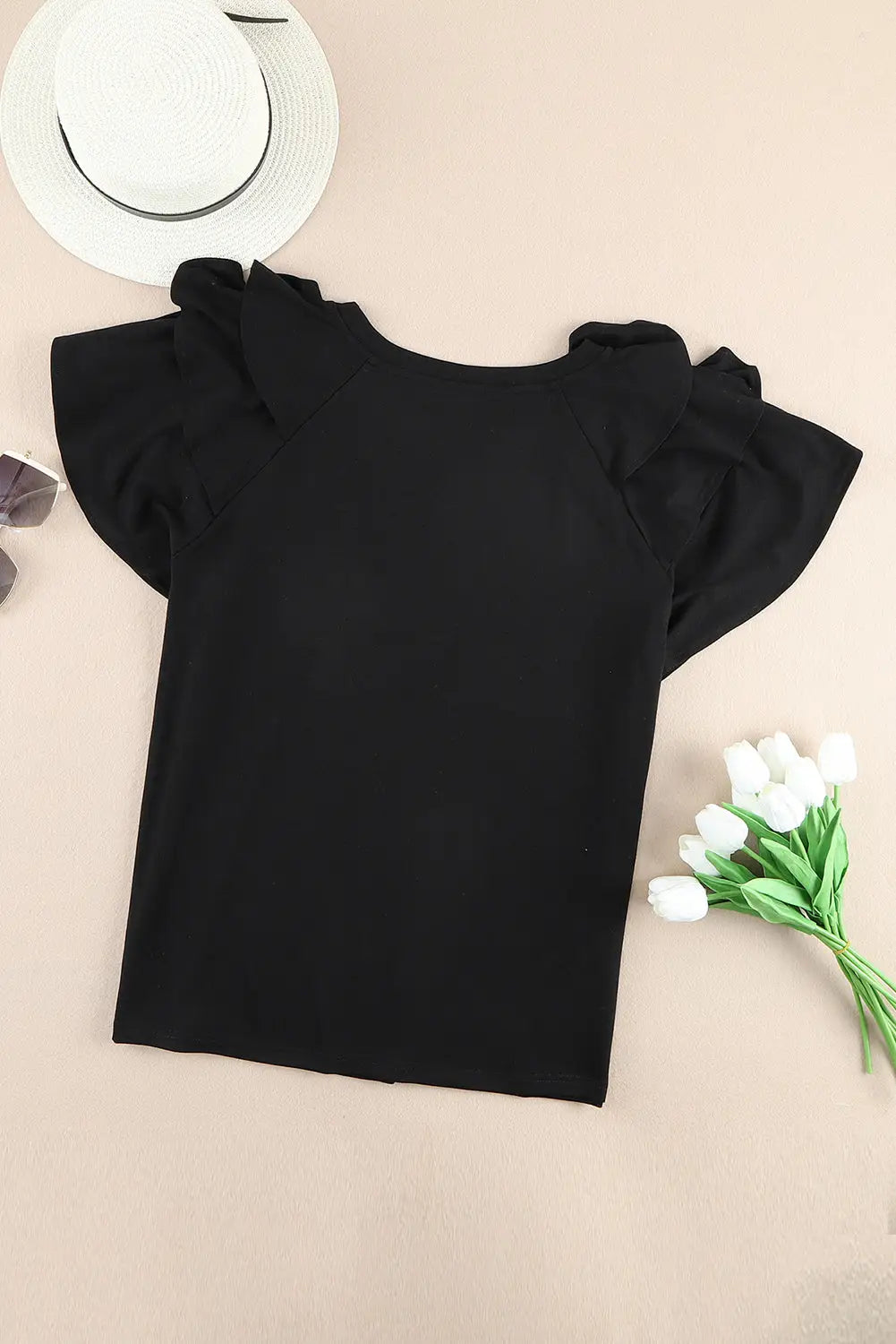 Black Solid Color Ruffle Tiered Sleeve Plus Size Tee-7