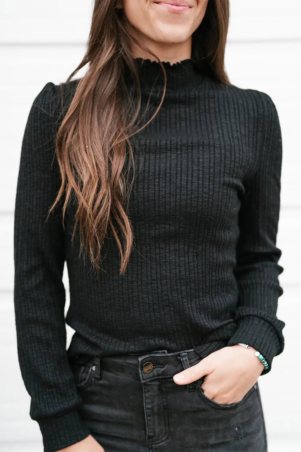 Black Solid Color Ruffled High Neck Long Sleeve Top-0