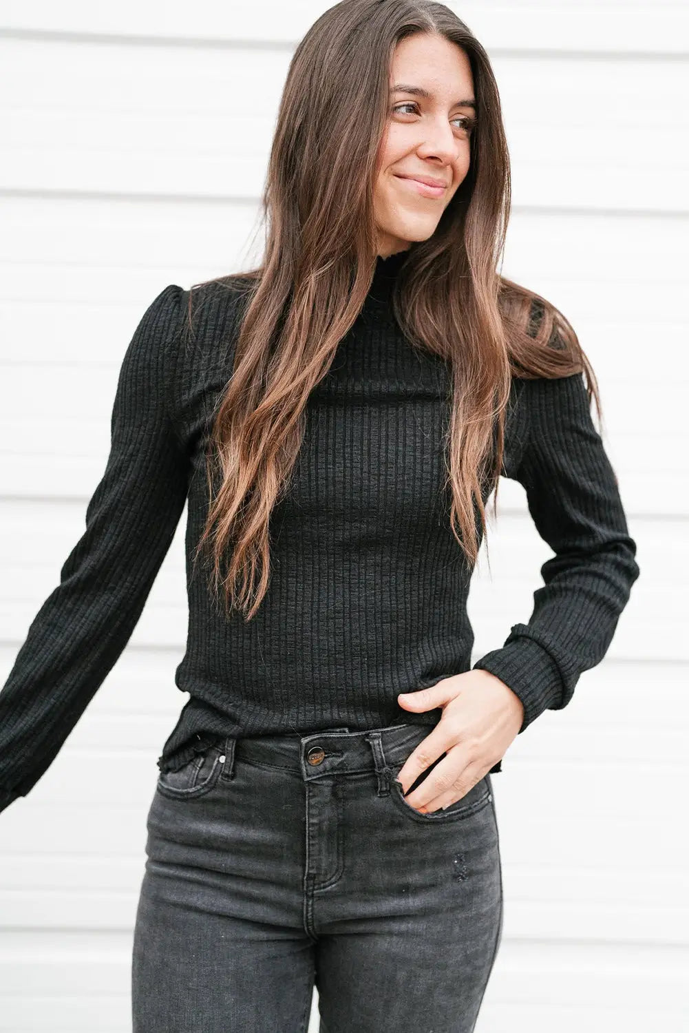 Black Solid Color Ruffled High Neck Long Sleeve Top-3