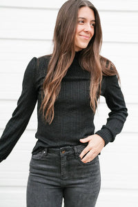 Thumbnail for Black Solid Color Ruffled High Neck Long Sleeve Top-3