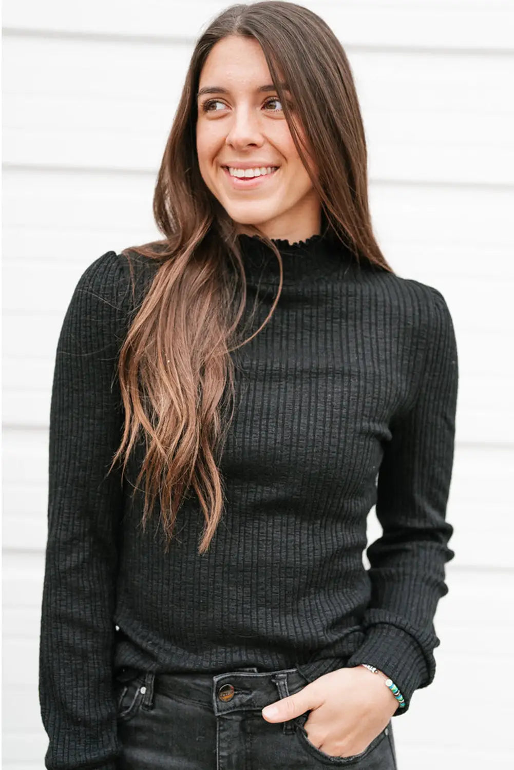 Black Solid Color Ruffled High Neck Long Sleeve Top-4