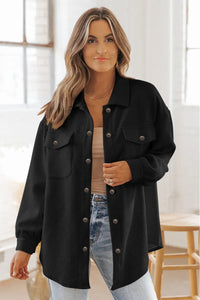 Thumbnail for Black Solid Textured Flap Pocket Buttoned Shacket-3