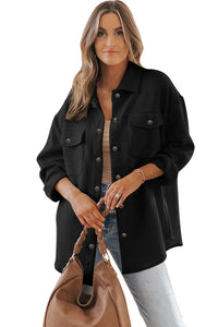Thumbnail for Black Solid Textured Flap Pocket Buttoned Shacket-4