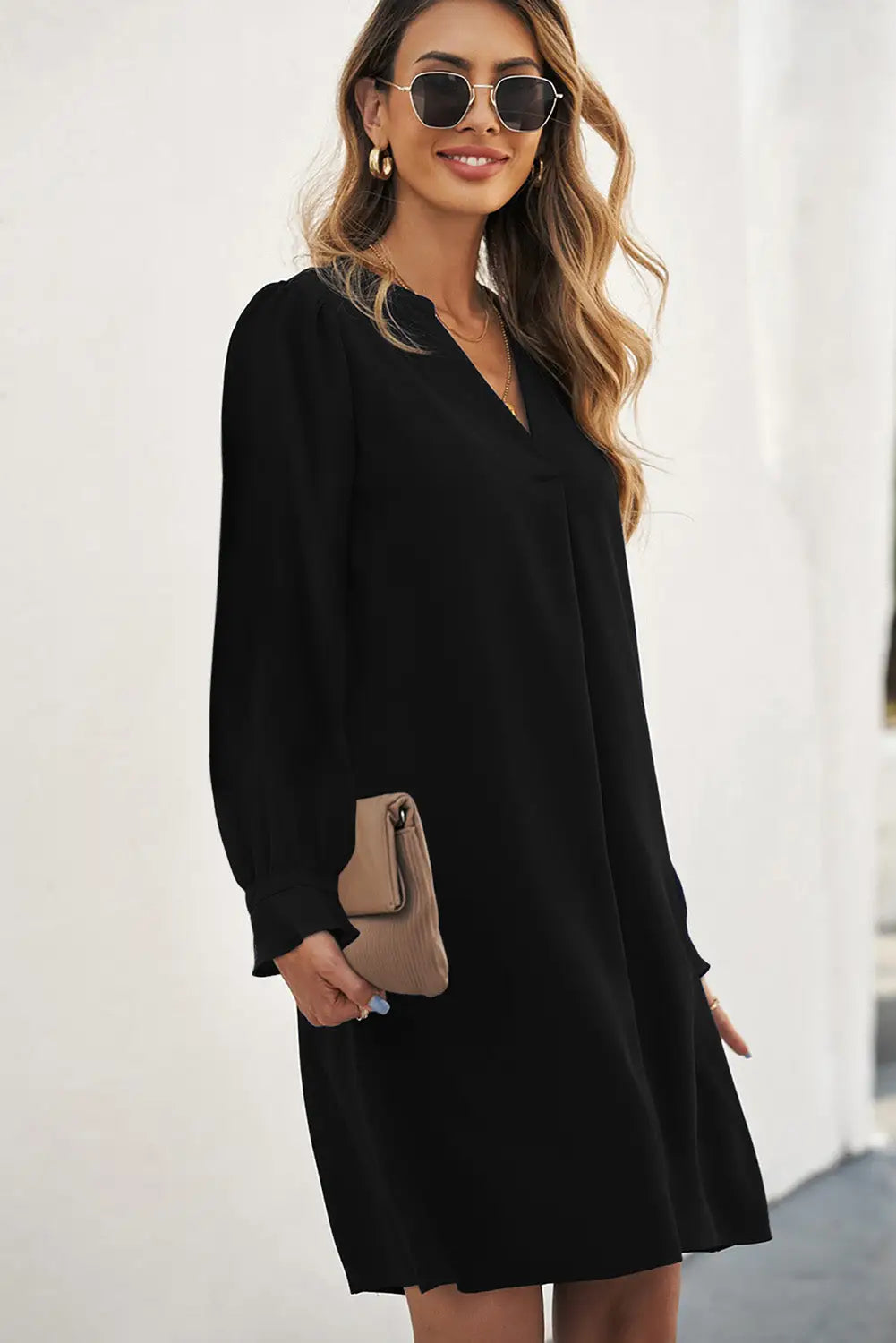 Black Split V Neck Ruffled Sleeves Shirt Dress-2