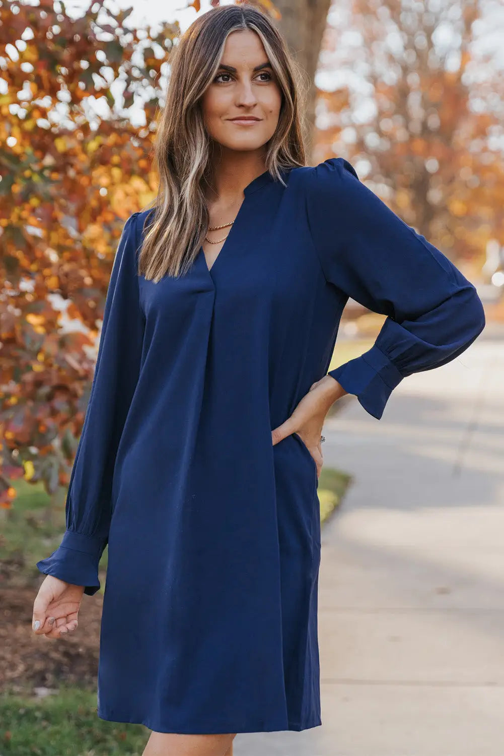 Black Split V Neck Ruffled Sleeves Shirt Dress-78