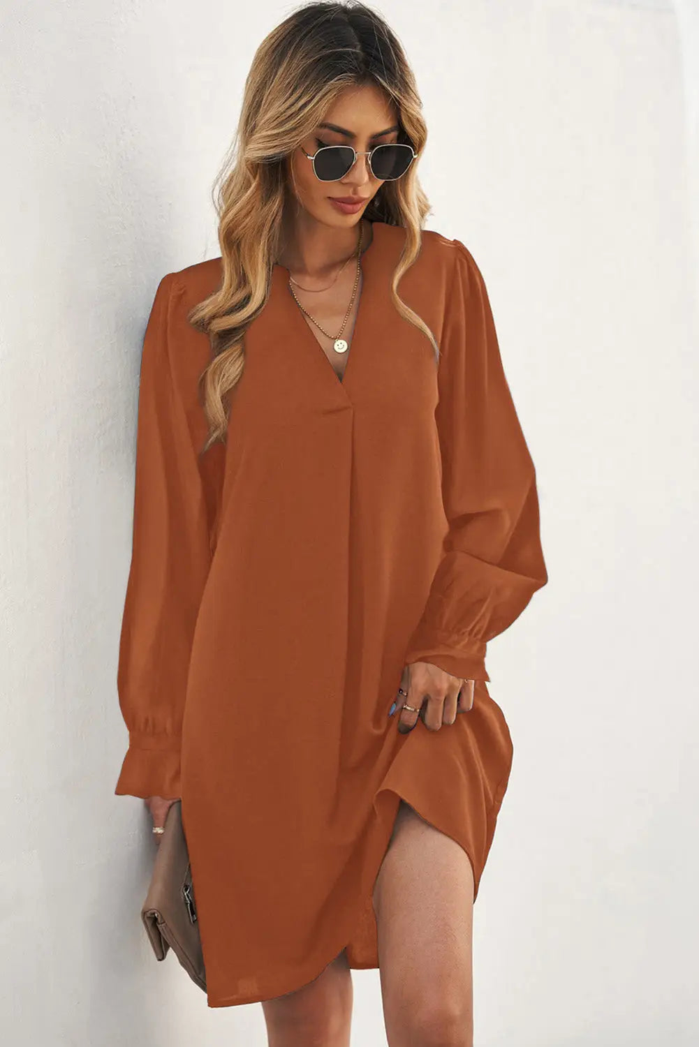 Black Split V Neck Ruffled Sleeves Shirt Dress-63