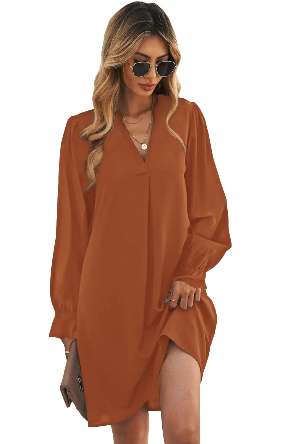 Black Split V Neck Ruffled Sleeves Shirt Dress-65