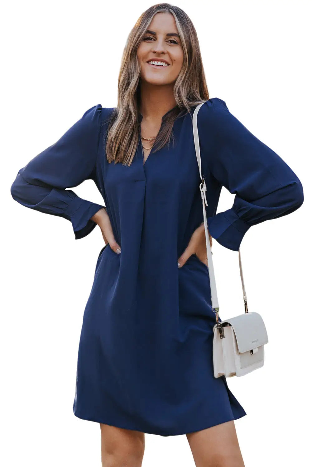 Black Split V Neck Ruffled Sleeves Shirt Dress-90