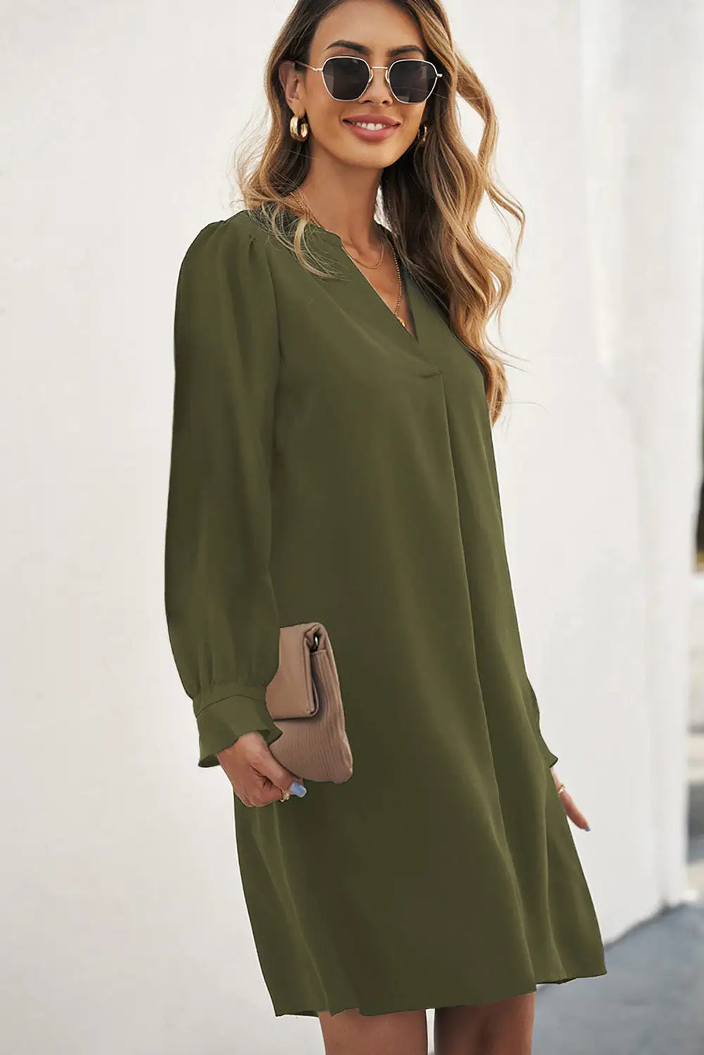 Black Split V Neck Ruffled Sleeves Shirt Dress-16