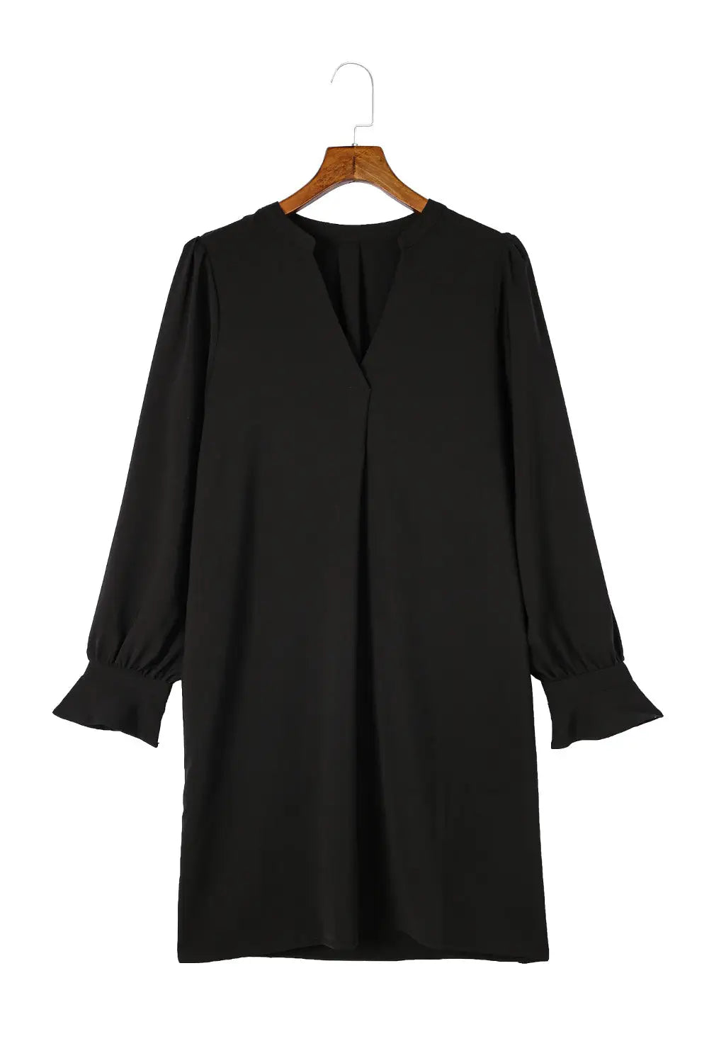 Black Split V Neck Ruffled Sleeves Shirt Dress-13