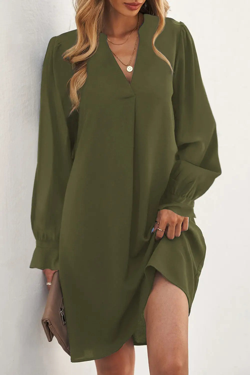 Black Split V Neck Ruffled Sleeves Shirt Dress-14