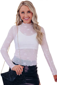 Thumbnail for Black Star Embellished Sheer Mesh Long Sleeve Top-19