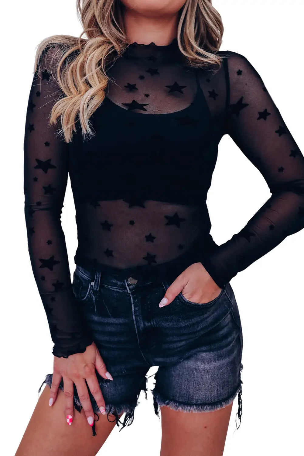 Black Star Embellished Sheer Mesh Long Sleeve Top-4