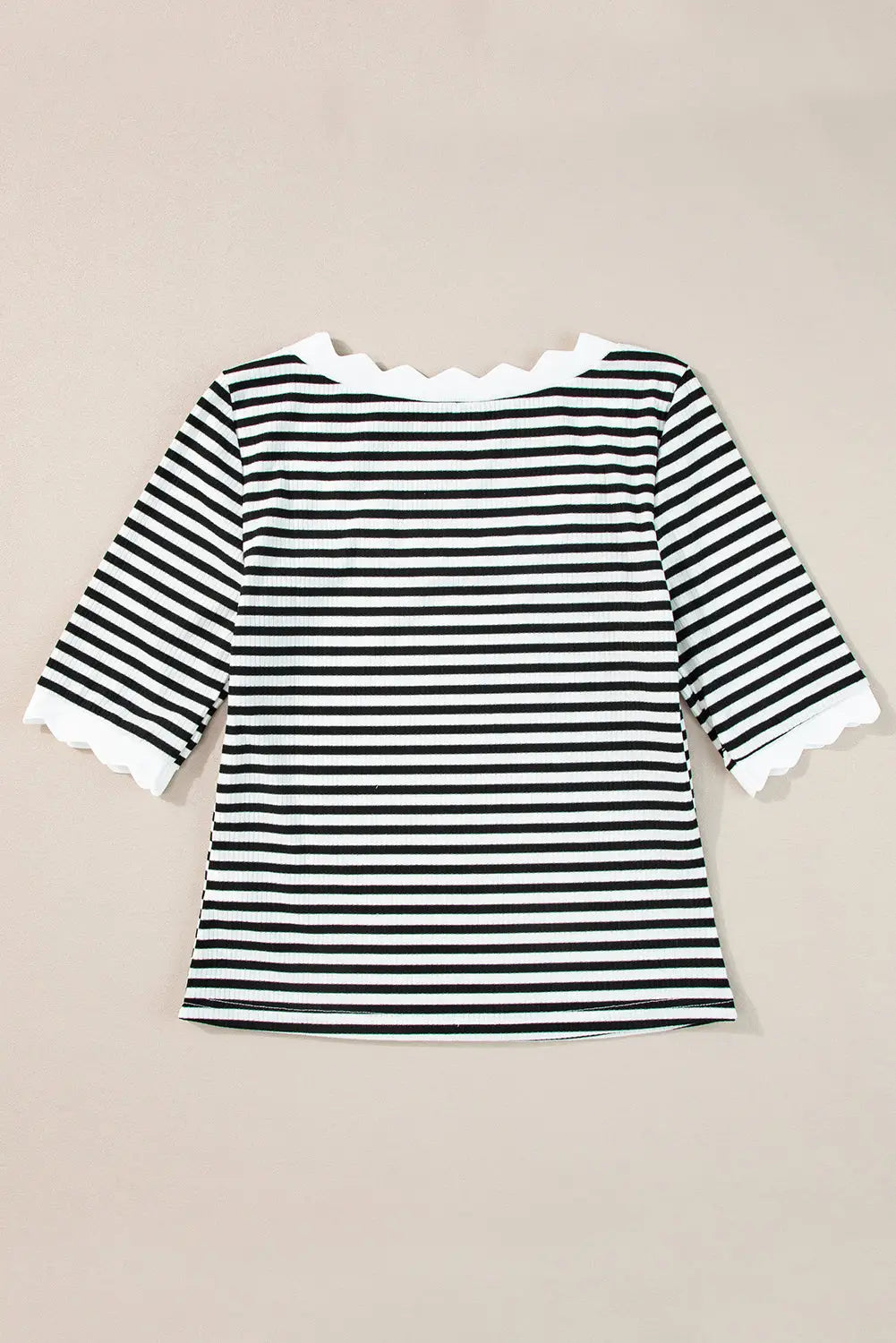 Black Striped Contrast Scallop Trim Half Sleeve T-shirt-7