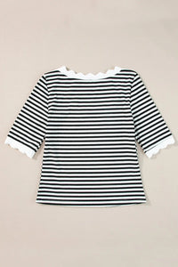 Thumbnail for Black Striped Contrast Scallop Trim Half Sleeve T-shirt-7