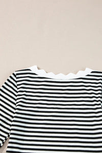 Thumbnail for Black Striped Contrast Scallop Trim Half Sleeve T-shirt-9