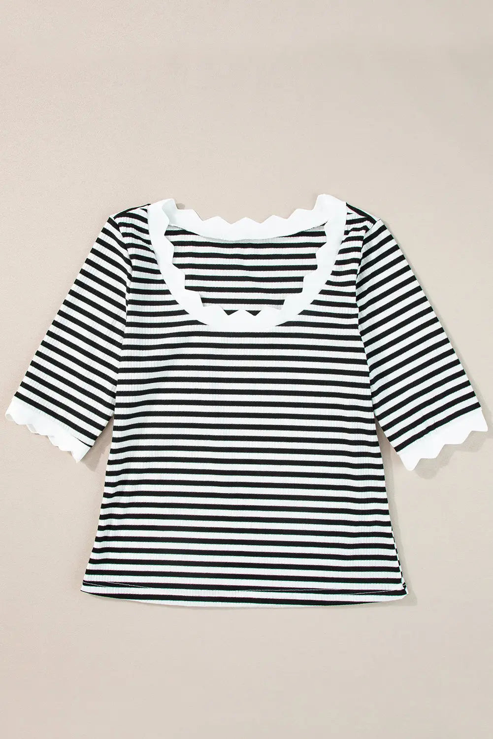 Black Striped Contrast Scallop Trim Half Sleeve T-shirt-6