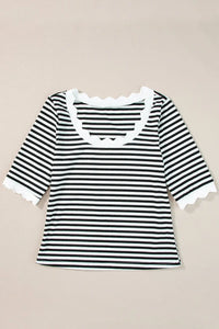 Thumbnail for Black Striped Contrast Scallop Trim Half Sleeve T-shirt-6