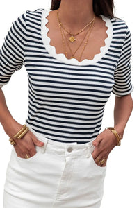 Thumbnail for Black Striped Contrast Scallop Trim Half Sleeve T-shirt-5