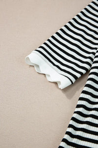 Thumbnail for Black Striped Contrast Scallop Trim Half Sleeve T-shirt-8