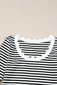 Thumbnail for Black Striped Contrast Scallop Trim Half Sleeve T-shirt-10