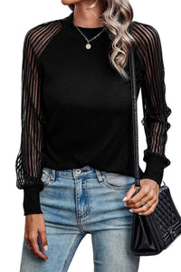 Thumbnail for Black Striped Mesh Long Sleeve Crewneck Ribbed Top-17