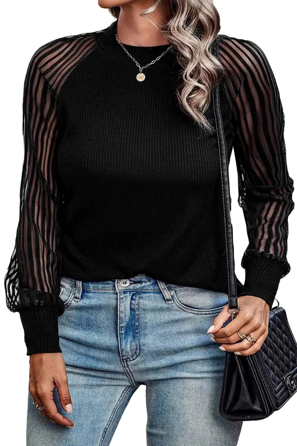 Black Striped Mesh Long Sleeve Crewneck Ribbed Top-28