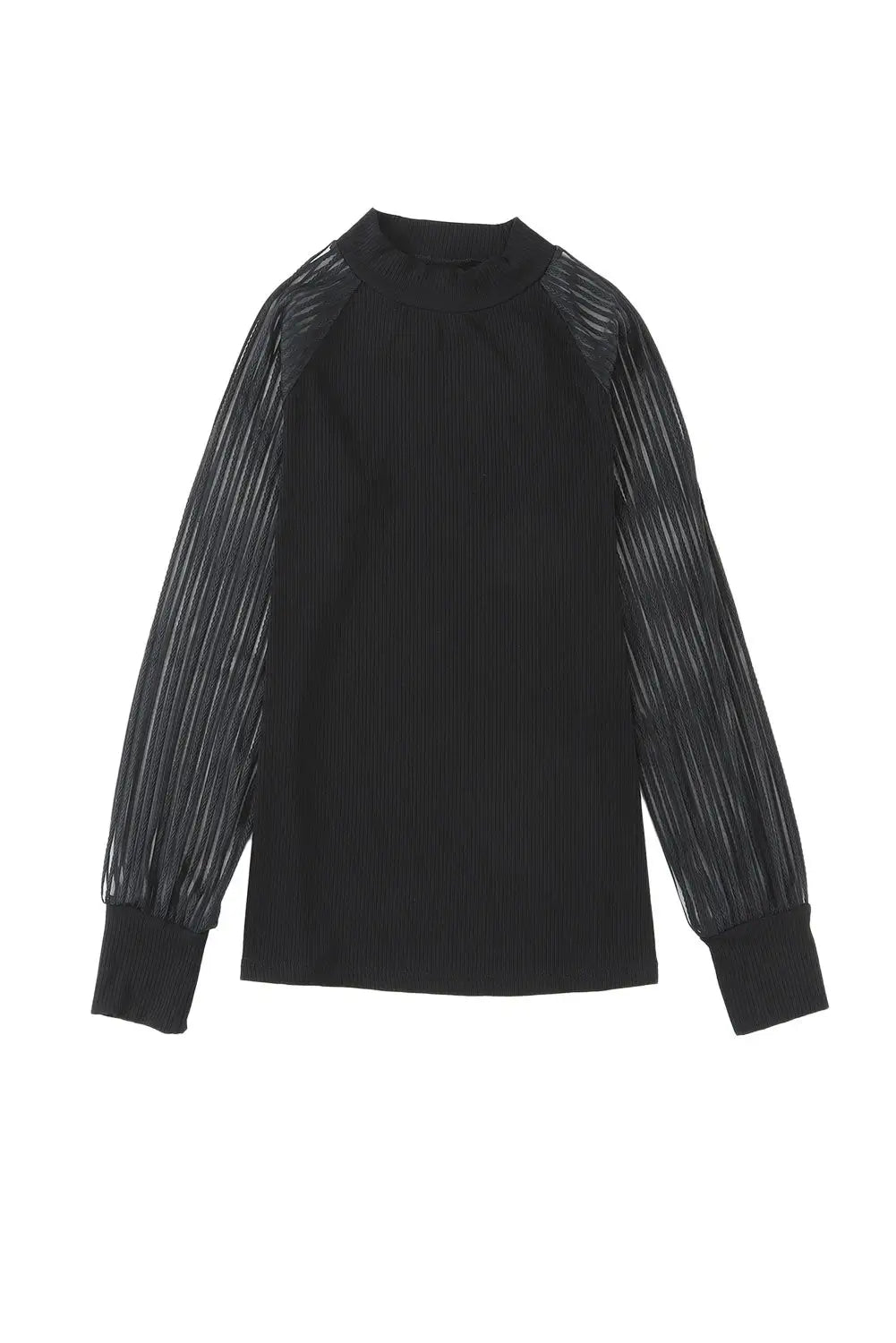 Black Striped Mesh Long Sleeve Crewneck Ribbed Top-16