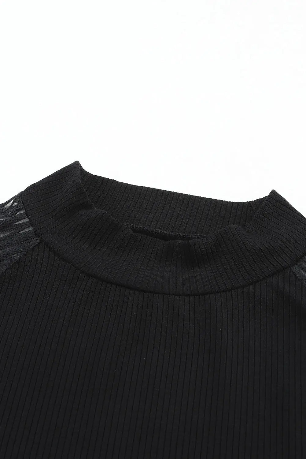 Black Striped Mesh Long Sleeve Crewneck Ribbed Top-12