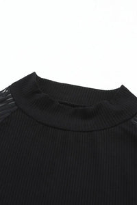 Thumbnail for Black Striped Mesh Long Sleeve Crewneck Ribbed Top-12