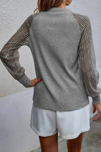 Thumbnail for Black Striped Mesh Long Sleeve Crewneck Ribbed Top-30