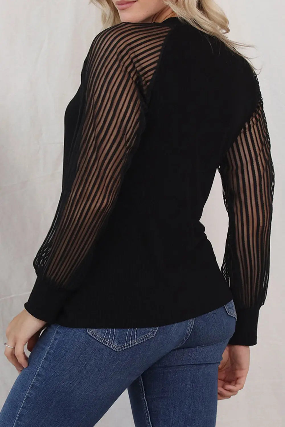 Black Striped Mesh Long Sleeve Crewneck Ribbed Top-27