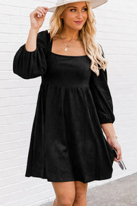 Thumbnail for Black Suede Square Neck Puff Sleeve Dress-2