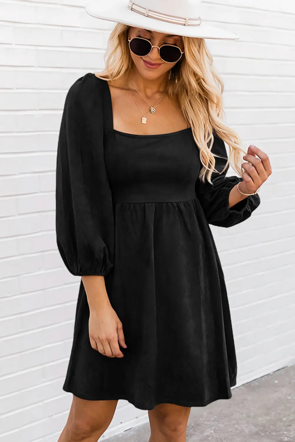 Black Suede Square Neck Puff Sleeve Dress-3