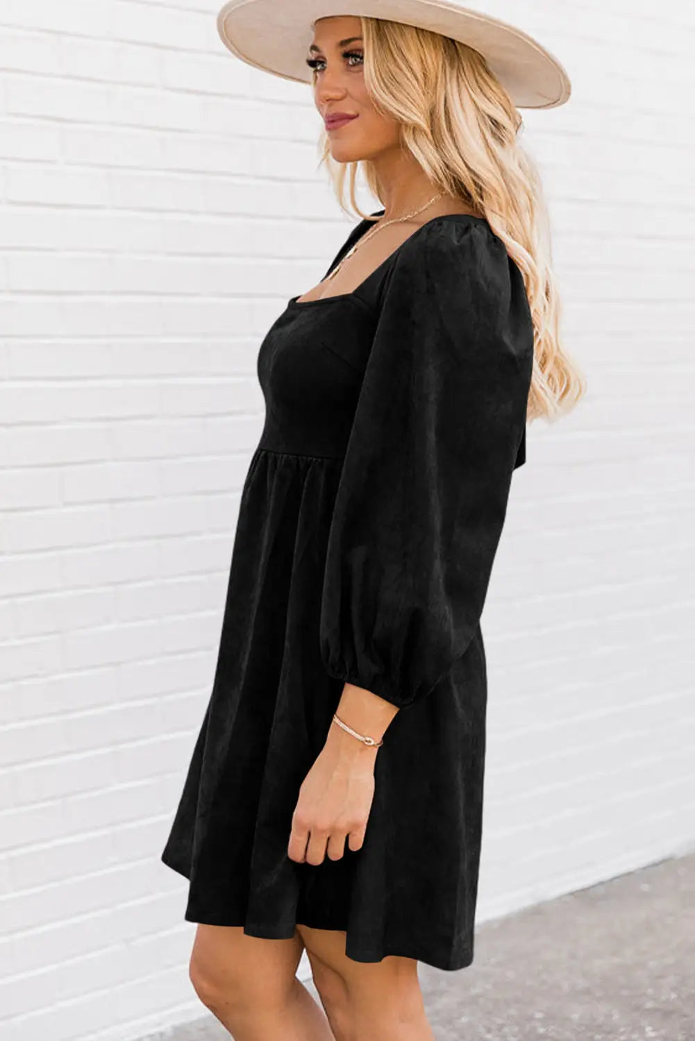 Black Suede Square Neck Puff Sleeve Dress-1