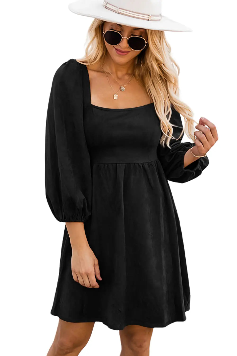 Black Suede Square Neck Puff Sleeve Dress-4