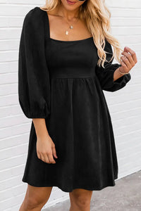 Thumbnail for Black Suede Square Neck Puff Sleeve Dress-0