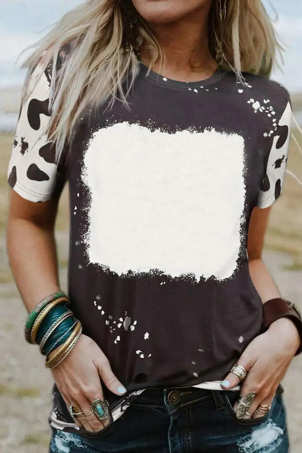 Black Tie Dye Bleached Crew Neck Short Sleeves T-shirt-0