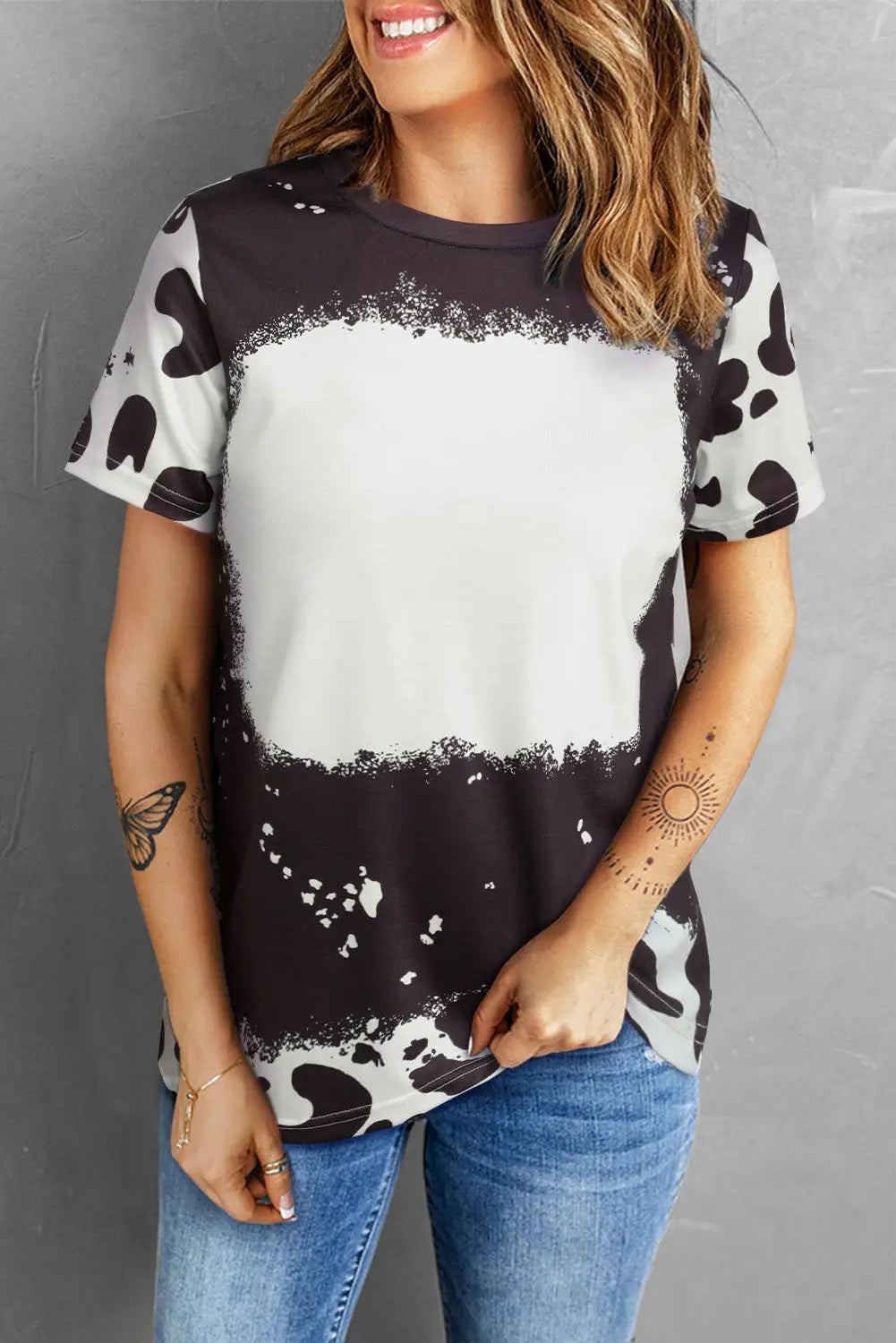 Black Tie Dye Bleached Crew Neck Short Sleeves T-shirt-1