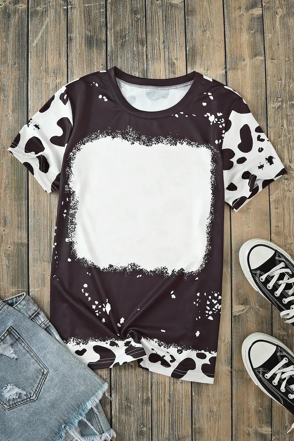 Black Tie Dye Bleached Crew Neck Short Sleeves T-shirt-3