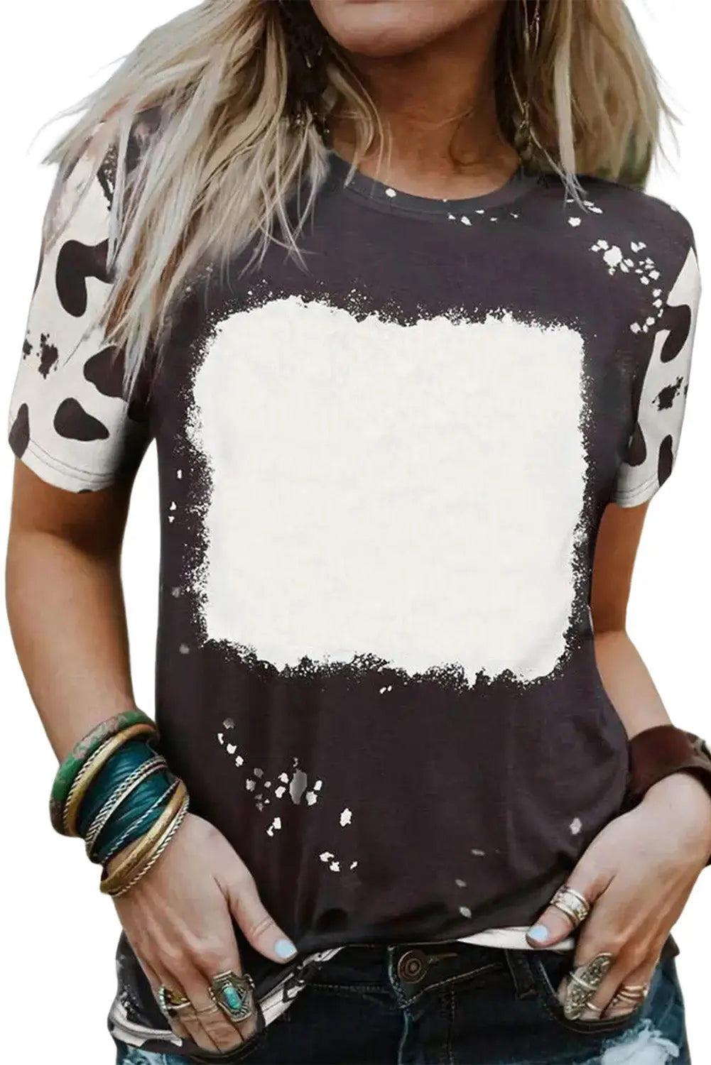 Black Tie Dye Bleached Crew Neck Short Sleeves T-shirt-12