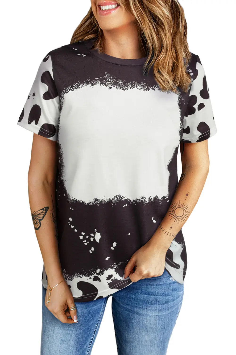 Black Tie Dye Bleached Crew Neck Short Sleeves T-shirt-13