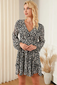 Thumbnail for Black V Neck Baggy Sleeve Waist Tie Double Layer Ruffle Hem Leopard Print Dress-4