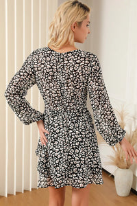 Thumbnail for Black V Neck Baggy Sleeve Waist Tie Double Layer Ruffle Hem Leopard Print Dress-1