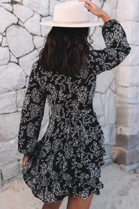 Thumbnail for Black V Neck Baggy Sleeve Waist Tie Double Layer Ruffle Hem Leopard Print Dress-15