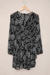 Thumbnail for Black V Neck Baggy Sleeve Waist Tie Double Layer Ruffle Hem Leopard Print Dress-27