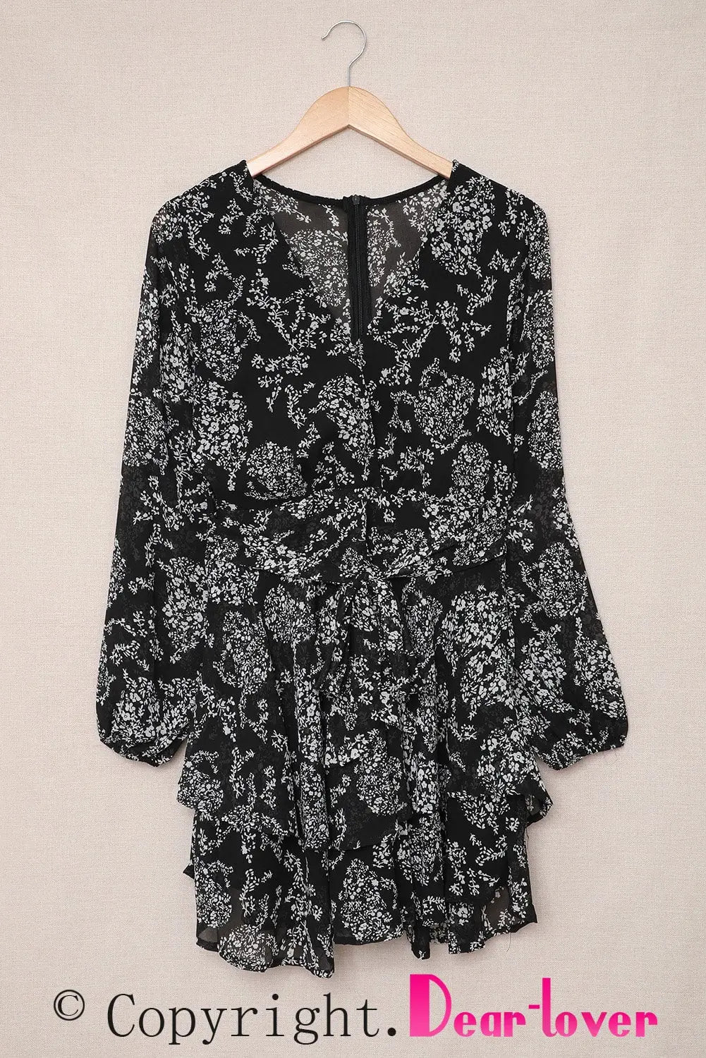 Black V Neck Baggy Sleeve Waist Tie Double Layer Ruffle Hem Leopard Print Dress-34