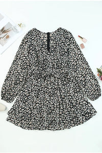 Thumbnail for Black V Neck Baggy Sleeve Waist Tie Double Layer Ruffle Hem Leopard Print Dress-7