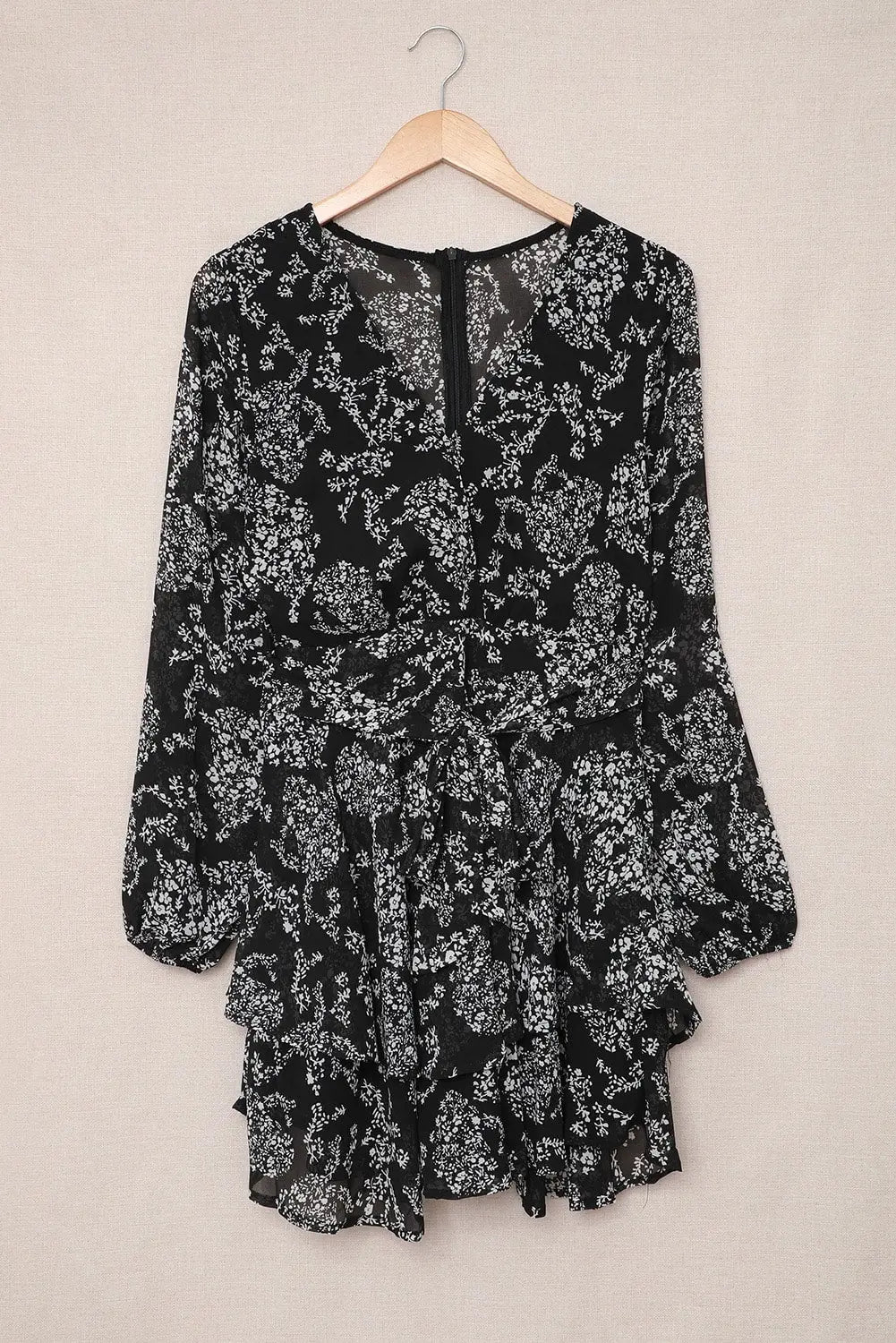 Black V Neck Baggy Sleeve Waist Tie Double Layer Ruffle Hem Leopard Print Dress-26